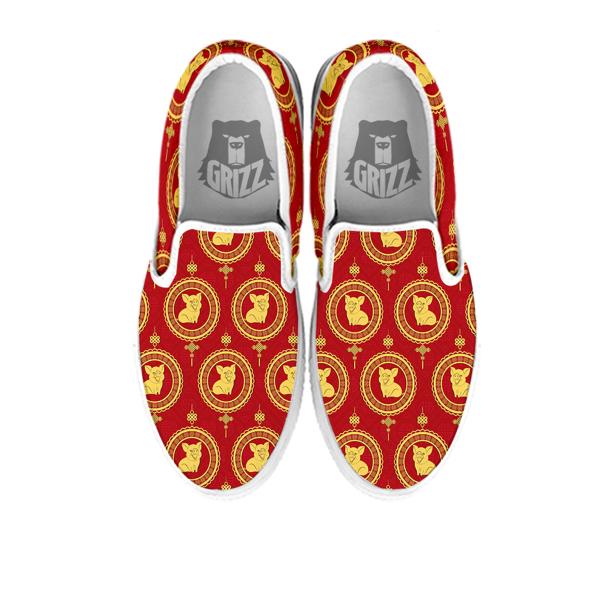Pig And Chinese New Year Print Pattern White Slip On Shoes-grizzshop