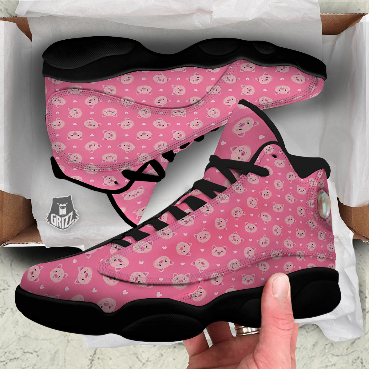 Pig Cute Cartoon Print Pattern Black Basketball Shoes-grizzshop