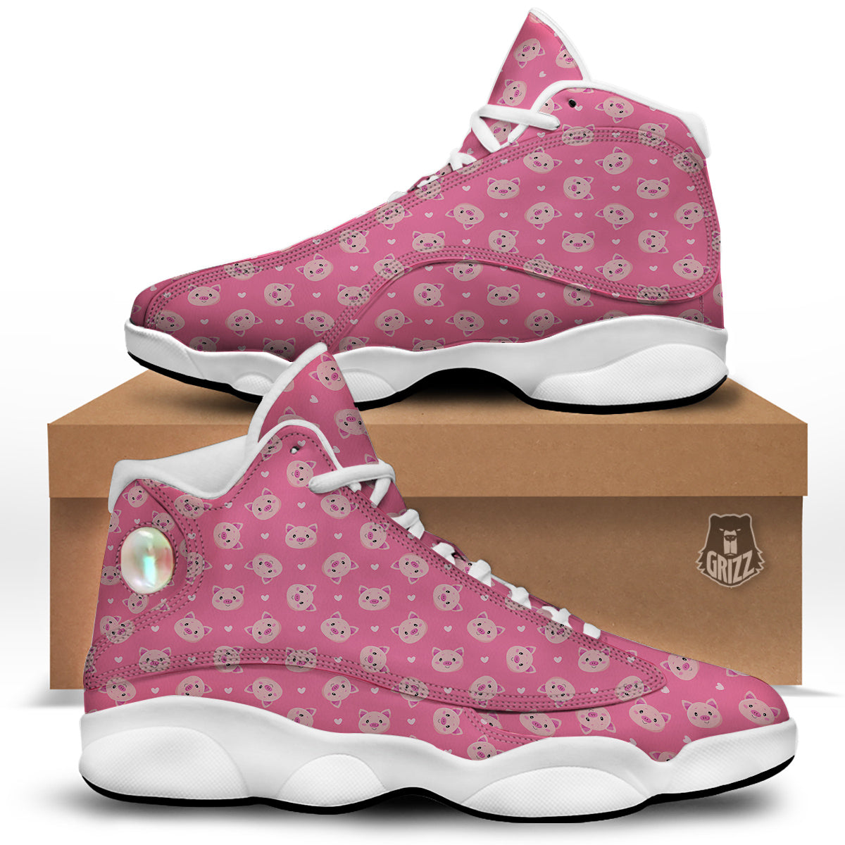 Pig Cute Cartoon Print Pattern White Basketball Shoes-grizzshop