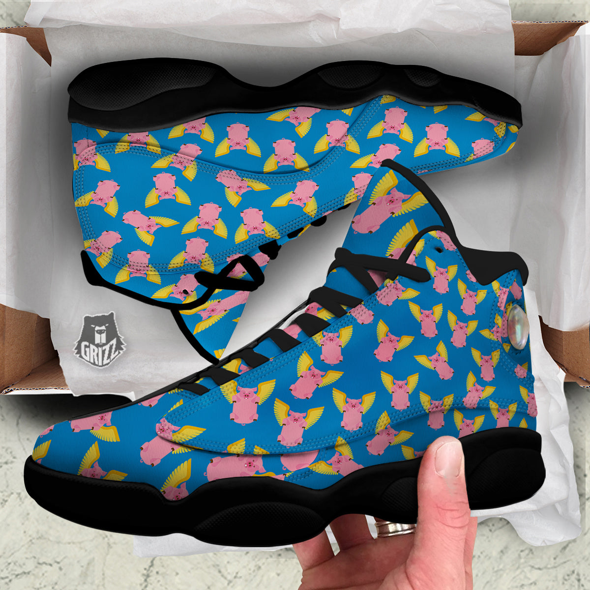 Pig Pink Vintage Print Pattern Black Basketball Shoes-grizzshop