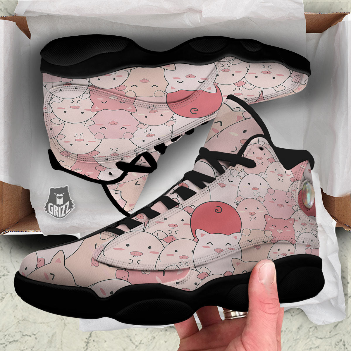 Pig Tail Pink Print Black Basketball Shoes-grizzshop