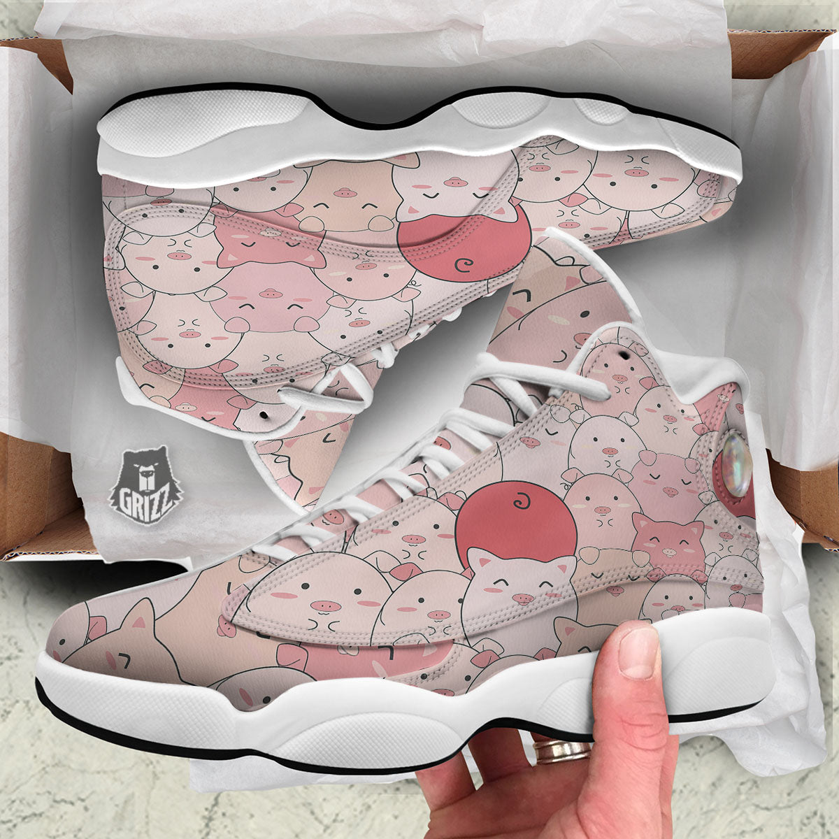 Pig Tail Pink Print White Basketball Shoes-grizzshop