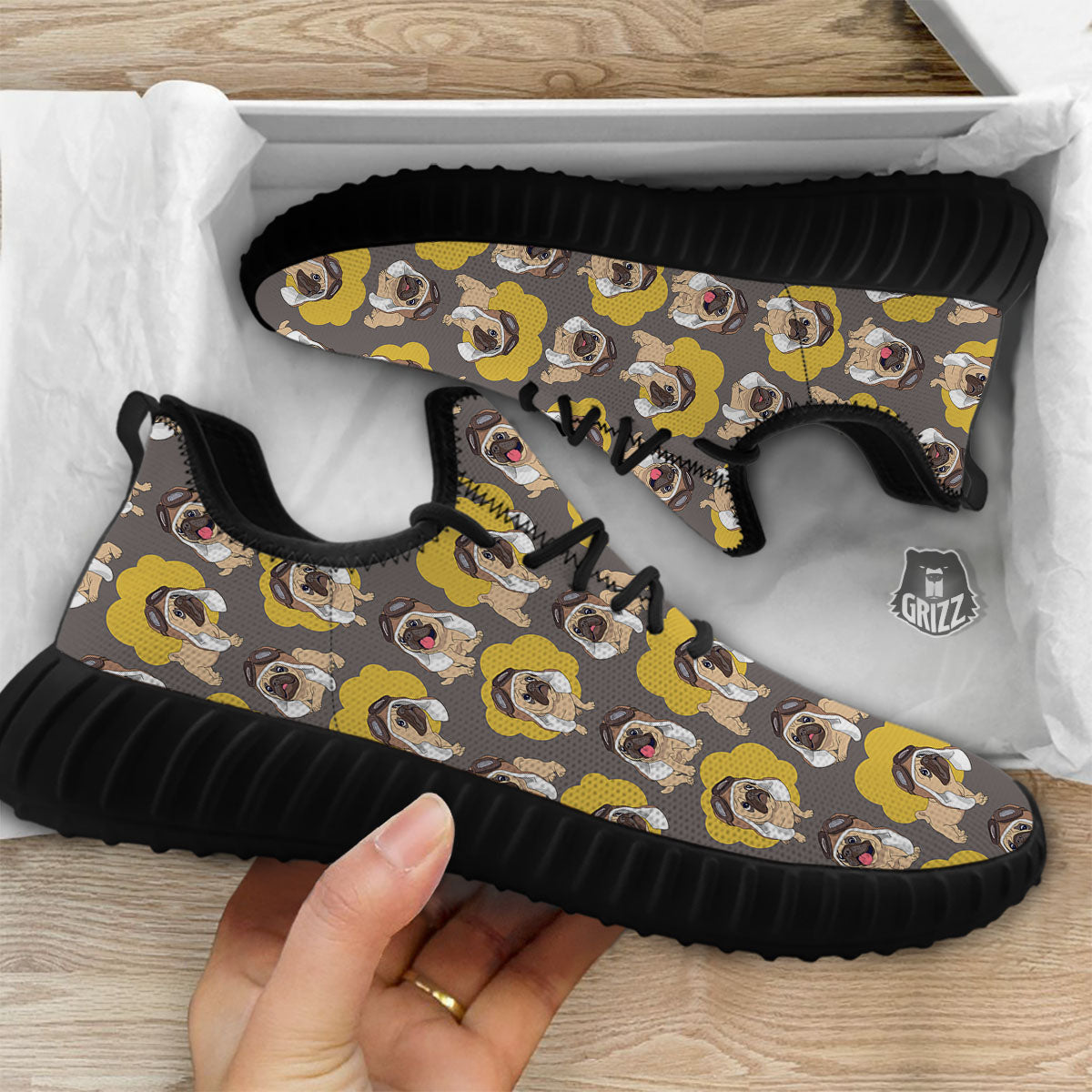 Pilot Pug Print Pattern Black Walking Shoes-grizzshop