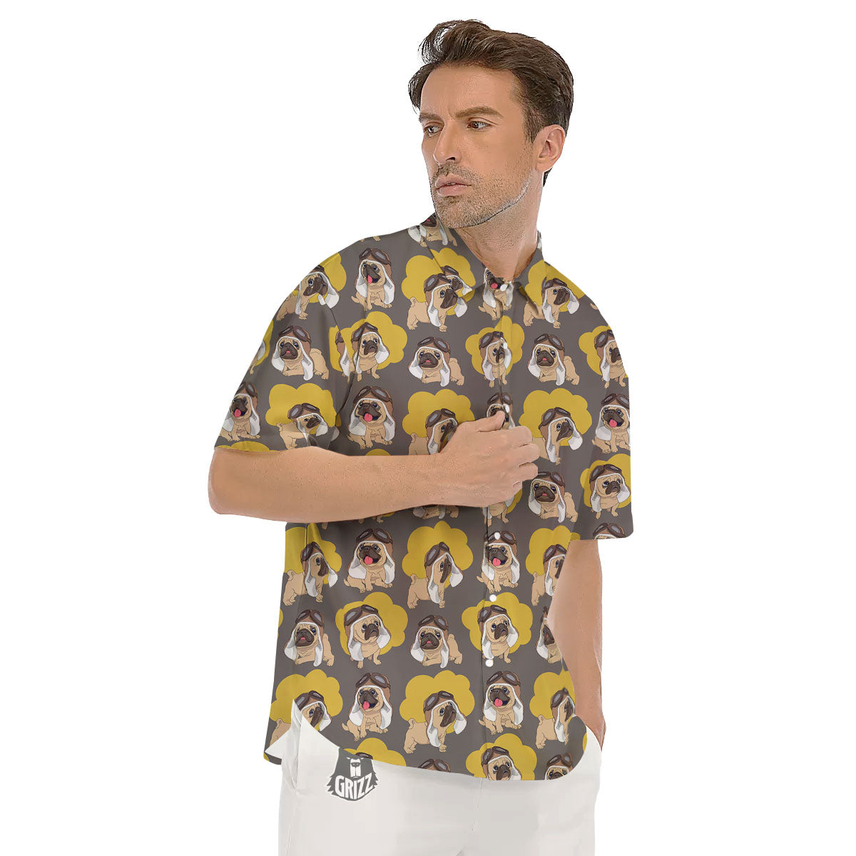 Pilot Pug Print Pattern Men's Short Sleeve Shirts-grizzshop