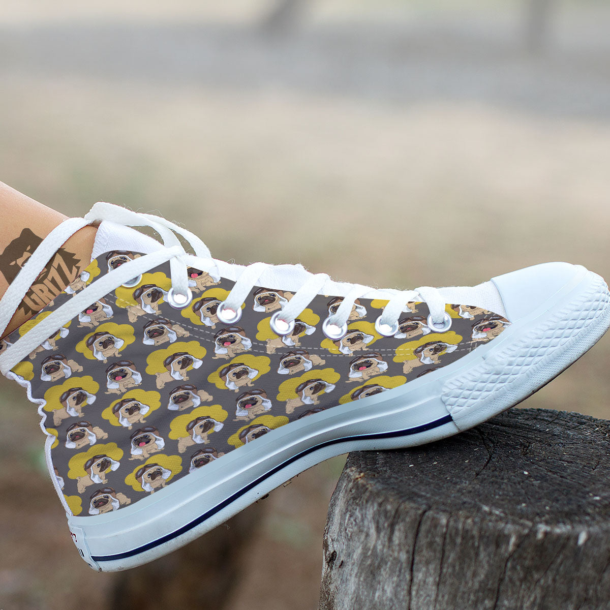 Pilot Pug Print Pattern White High Top Shoes-grizzshop