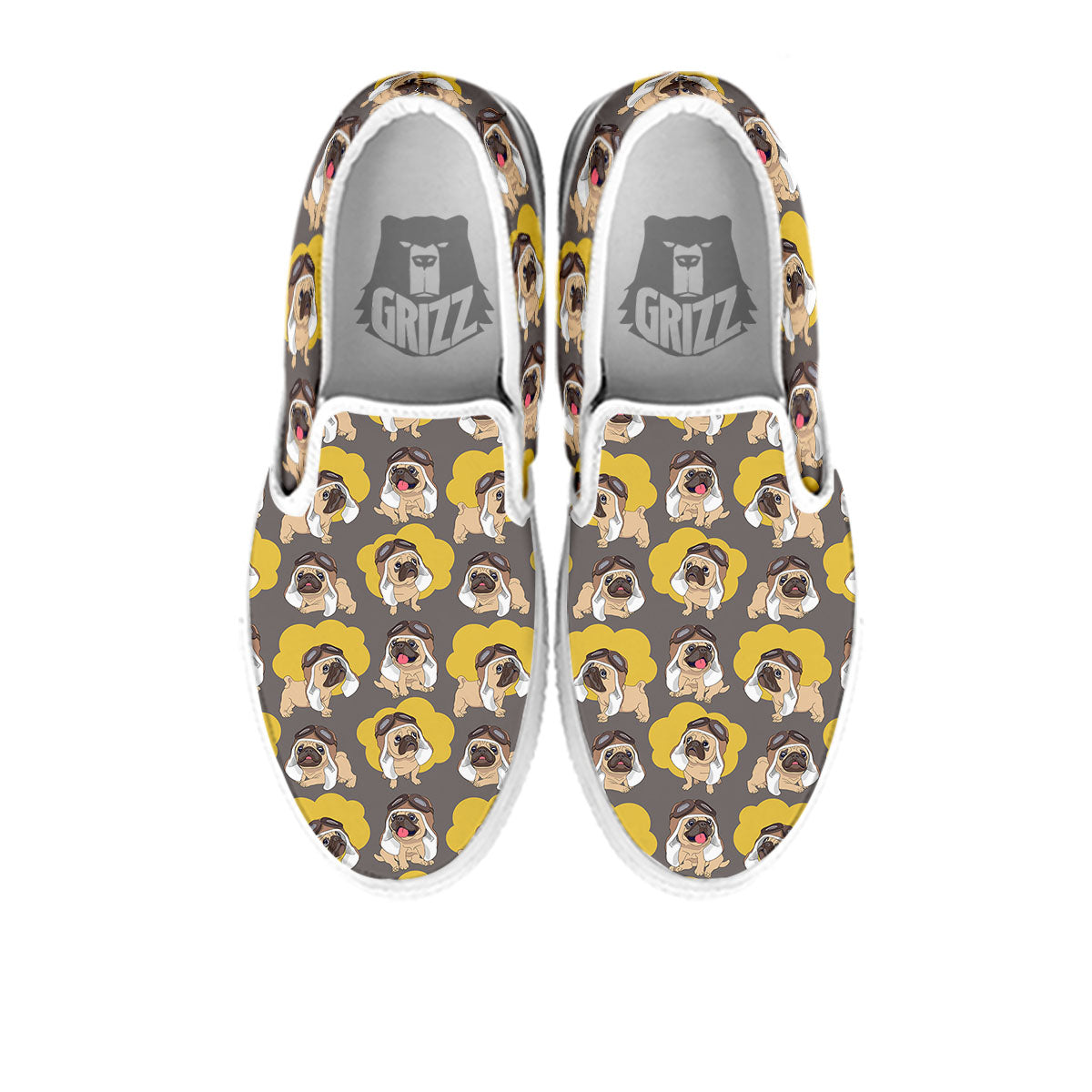Pilot Pug Print Pattern White Slip On Shoes-grizzshop