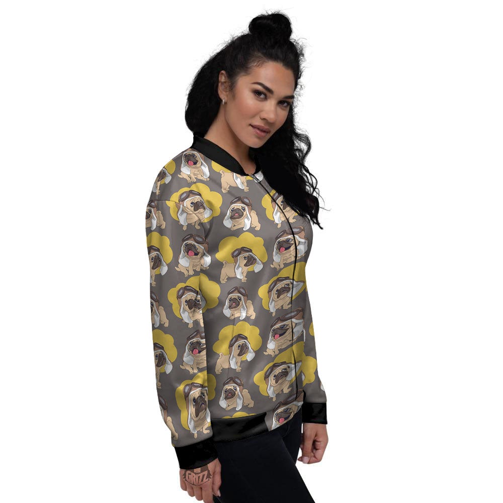 Pilot Pug Print Pattern Women's Bomber Jacket-grizzshop