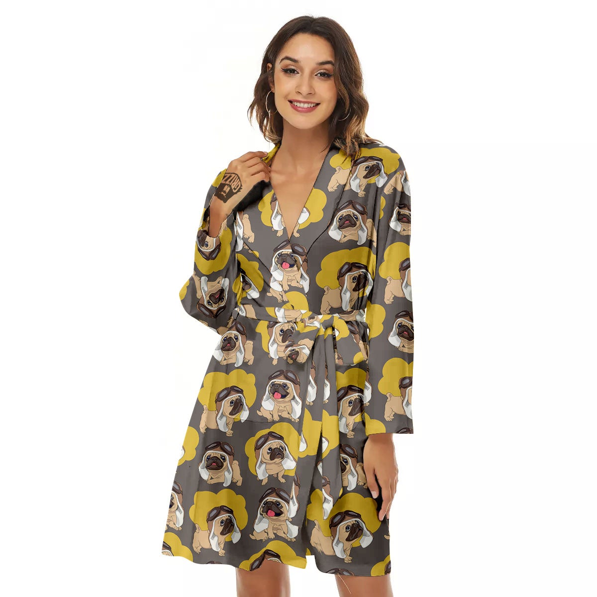 Pilot Pug Print Pattern Women's Robe-grizzshop