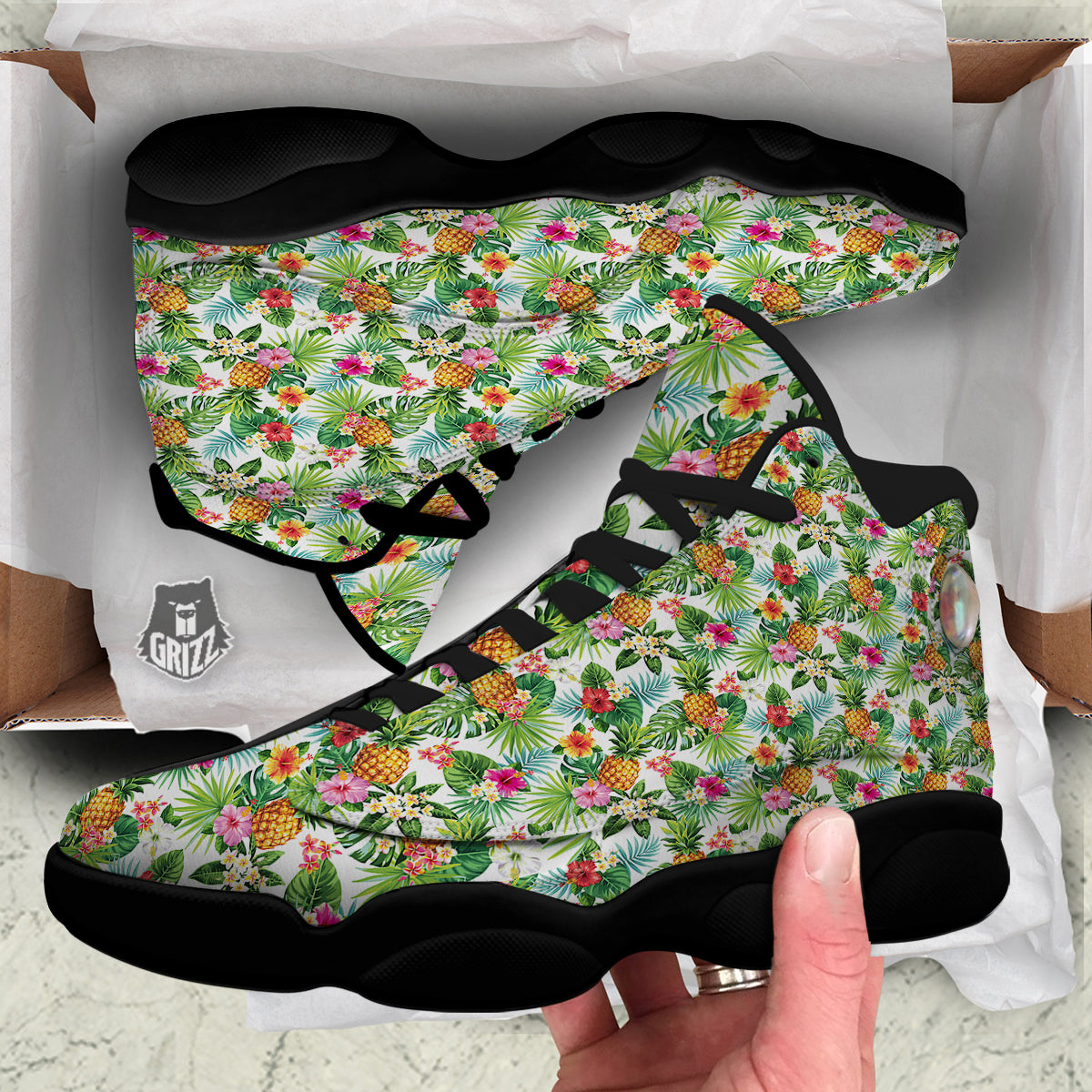 Pineapple Aloha Hawaiian Print Pattern Black Basketball Shoes-grizzshop