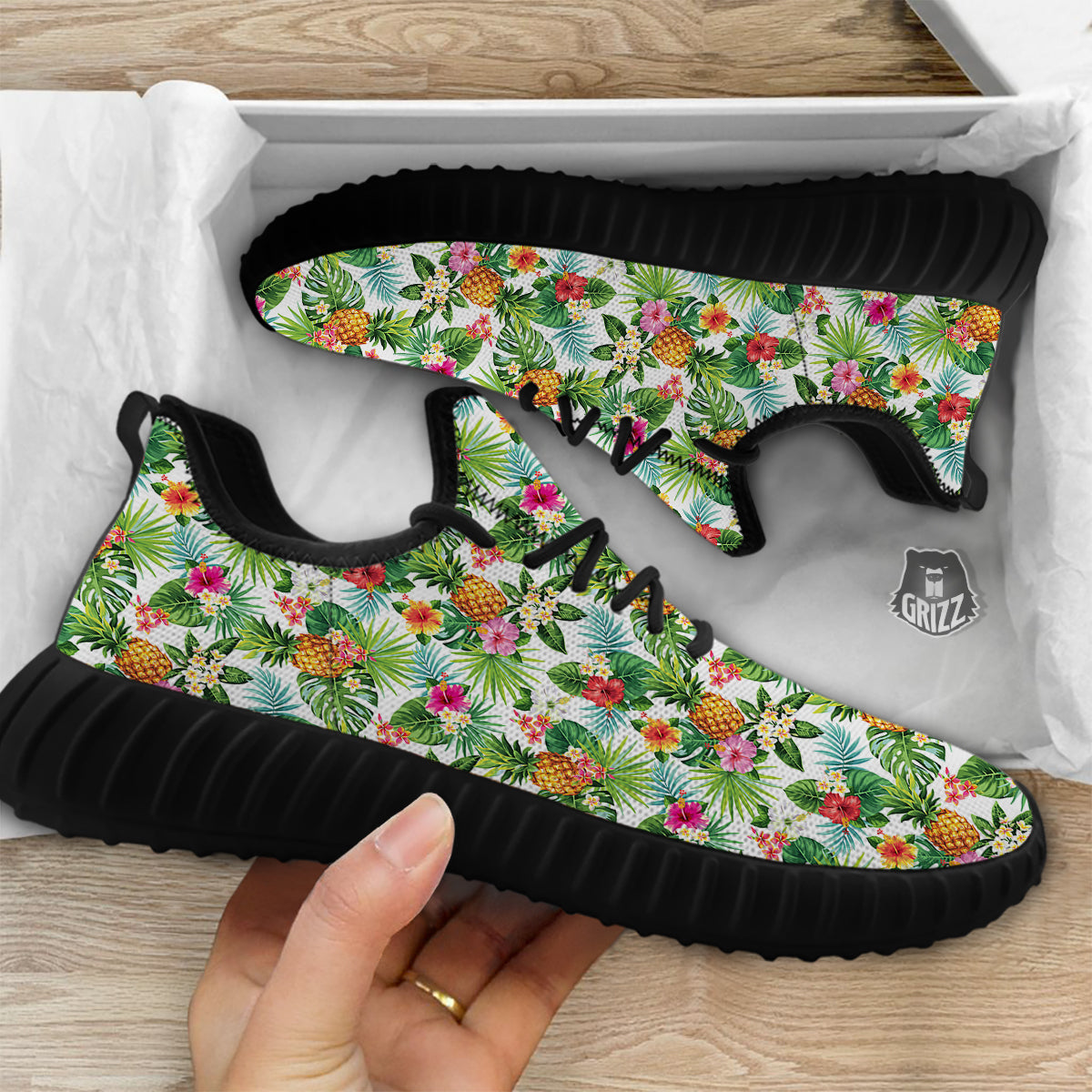 Pineapple Aloha Hawaiian Print Pattern Black Walking Shoes-grizzshop