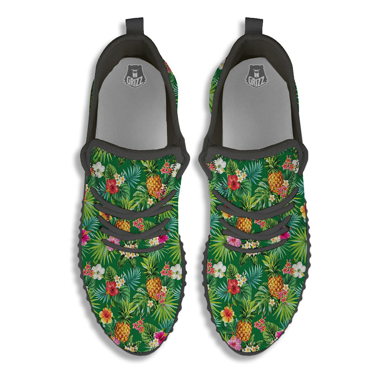 Pineapple Aloha Hibiscus Print Pattern Black Walking Shoes-grizzshop