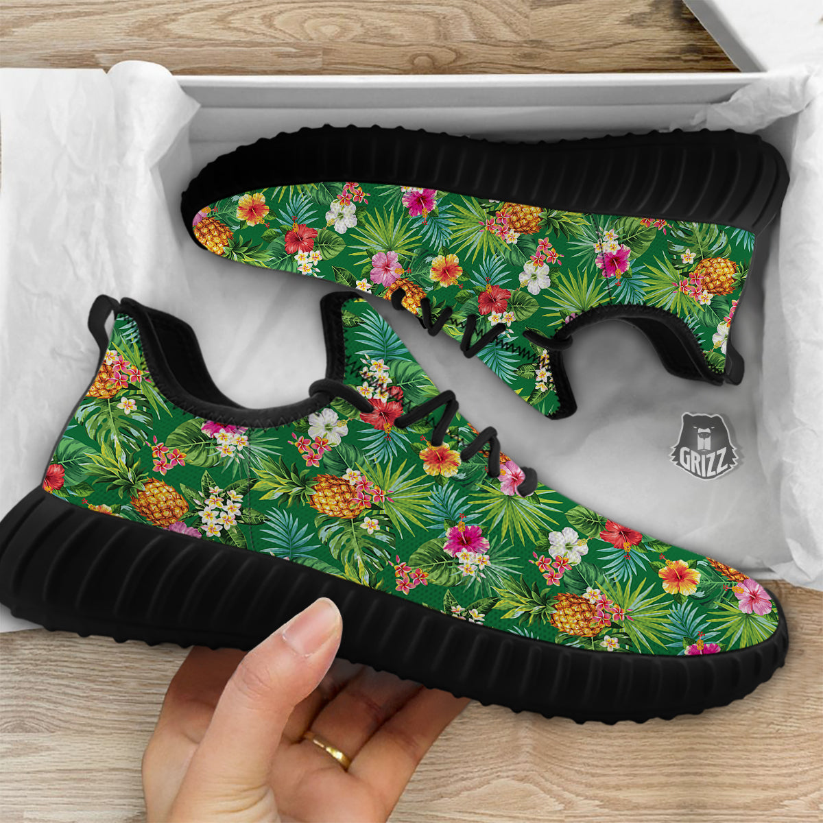 Pineapple Aloha Hibiscus Print Pattern Black Walking Shoes-grizzshop