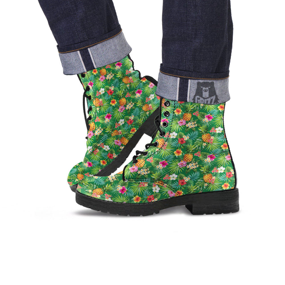 Pineapple Aloha Hibiscus Print Pattern Leather Boots-grizzshop
