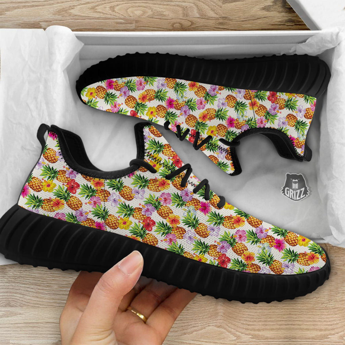 Pineapple Aloha Summer Print Pattern Black Walking Shoes-grizzshop