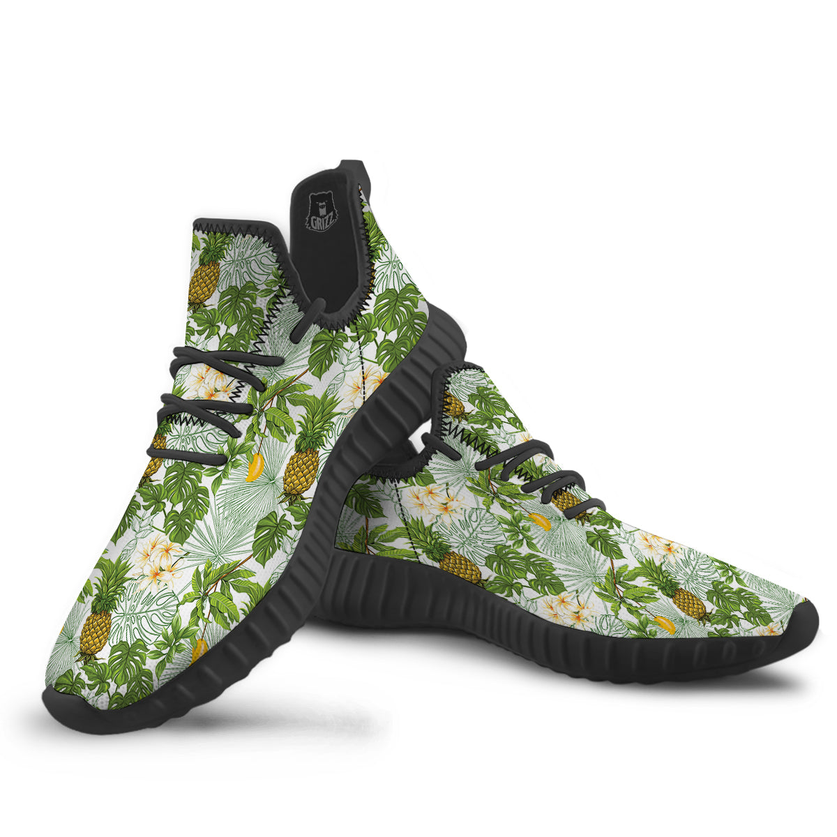 Pineapple Aloha White Print Pattern Black Walking Shoes-grizzshop