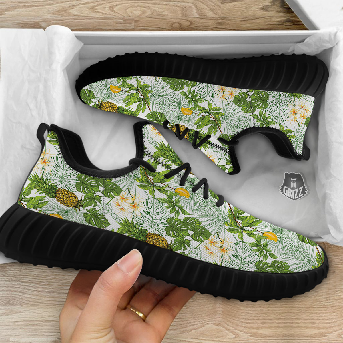 Pineapple Aloha White Print Pattern Black Walking Shoes-grizzshop