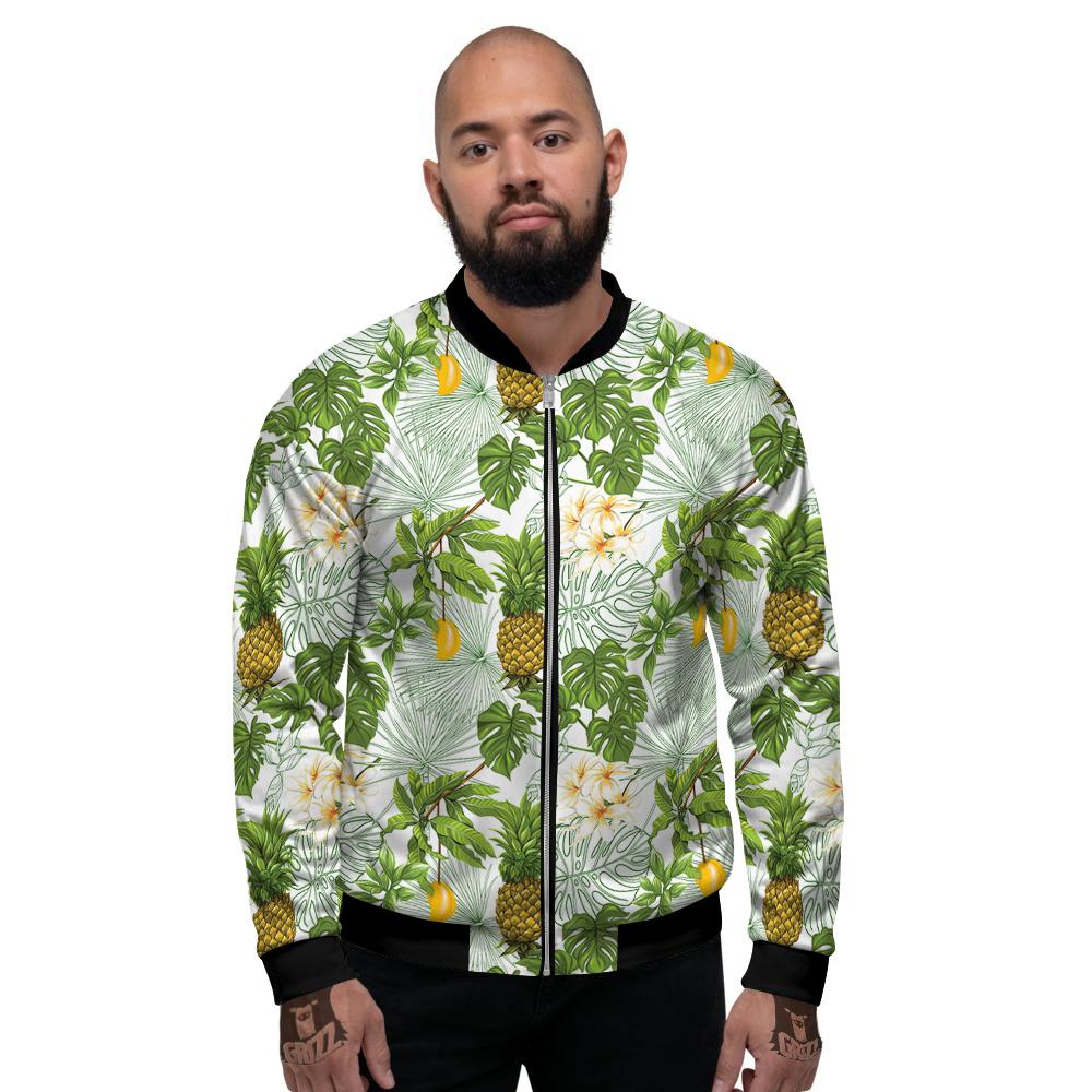 Pineapple Aloha White Print Pattern Men's Bomber Jacket-grizzshop