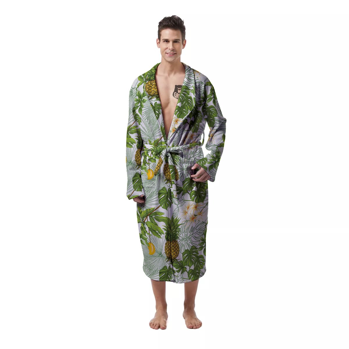 Pineapple Aloha White Print Pattern Men's Robe-grizzshop