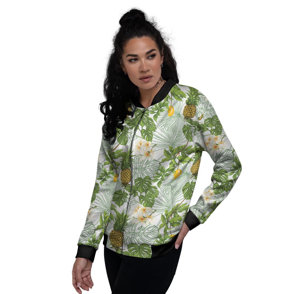 Pineapple Aloha White Print Pattern Women's Bomber Jacket-grizzshop
