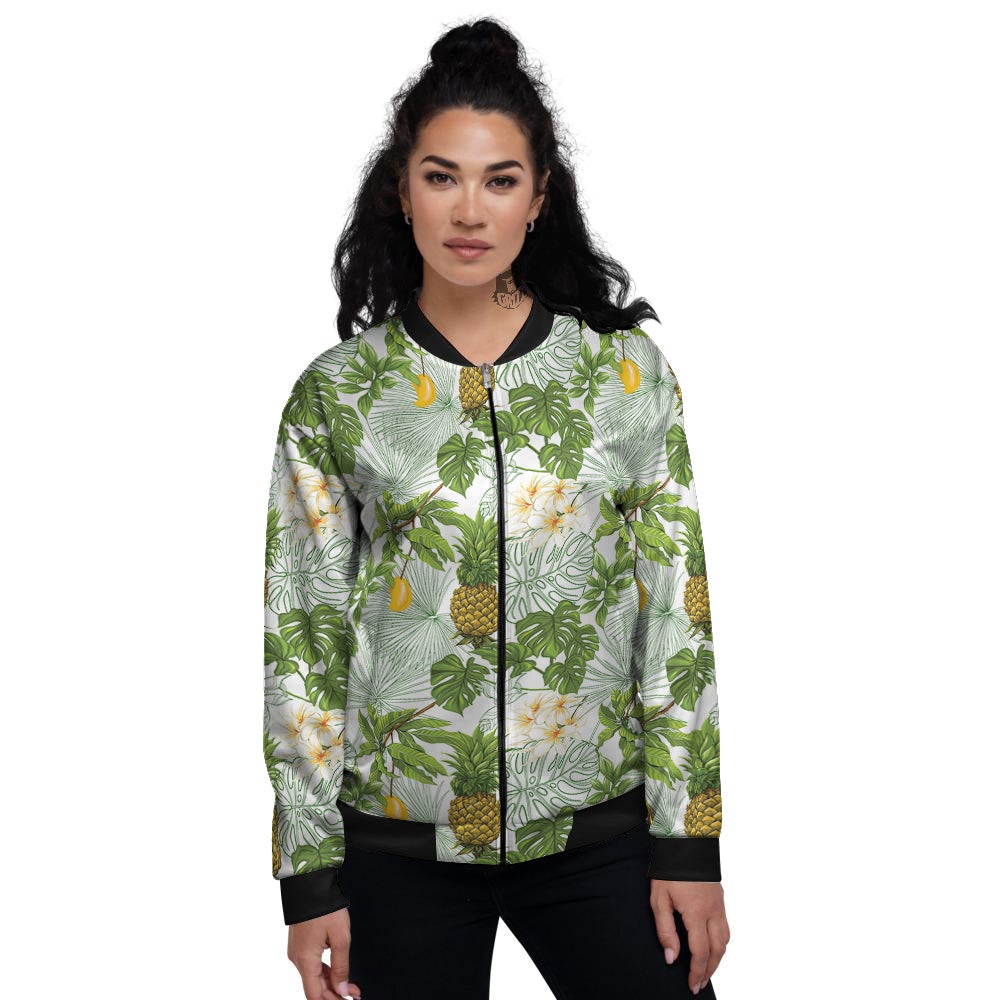 Pineapple Aloha White Print Pattern Women's Bomber Jacket-grizzshop