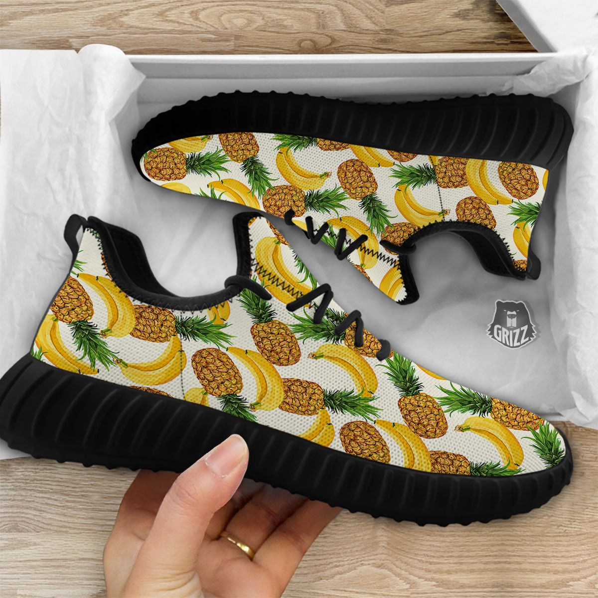 Pineapple Banana Print Pattern Black Walking Shoes-grizzshop