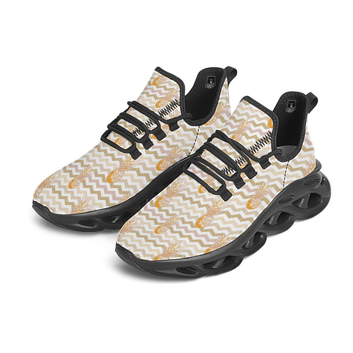 Pineapple Beige Zig Zag Print Pattern Black Running Shoes-grizzshop