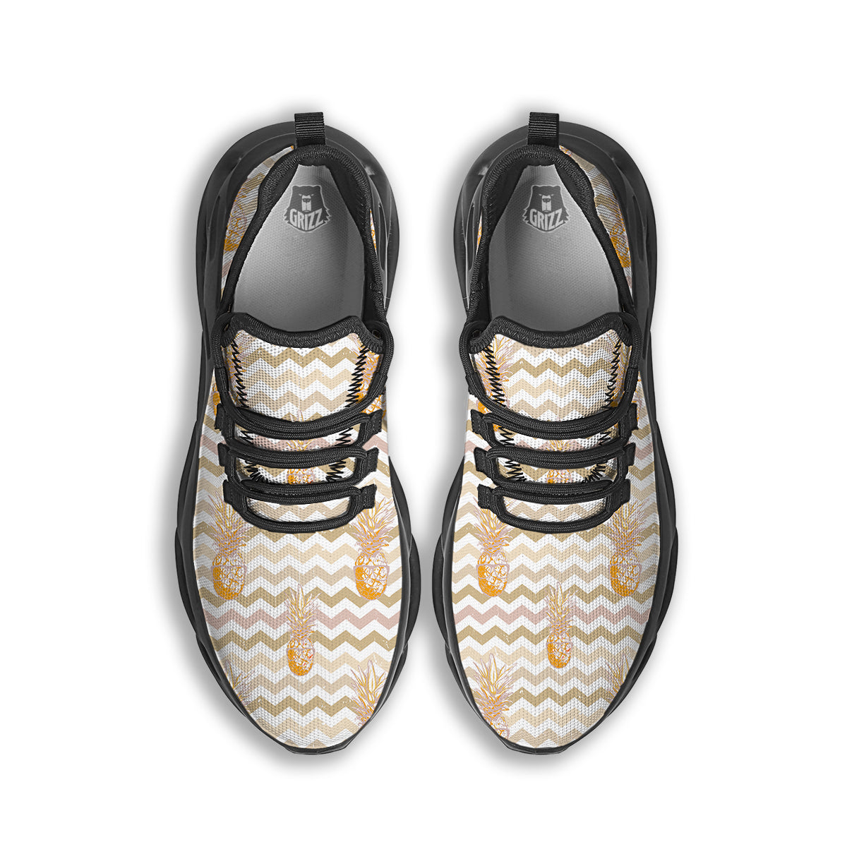 Pineapple Beige Zig Zag Print Pattern Black Running Shoes-grizzshop