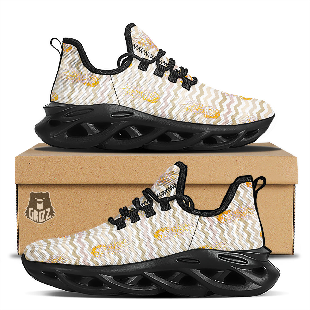 Pineapple Beige Zig Zag Print Pattern Black Running Shoes-grizzshop