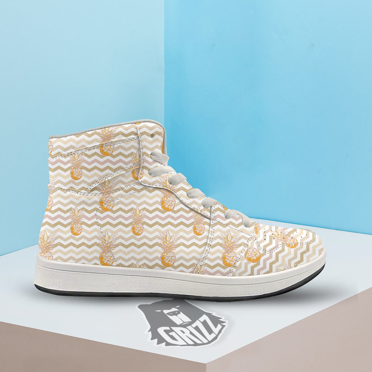 Pineapple Beige Zig Zag Print Pattern High Top Sneakers-grizzshop