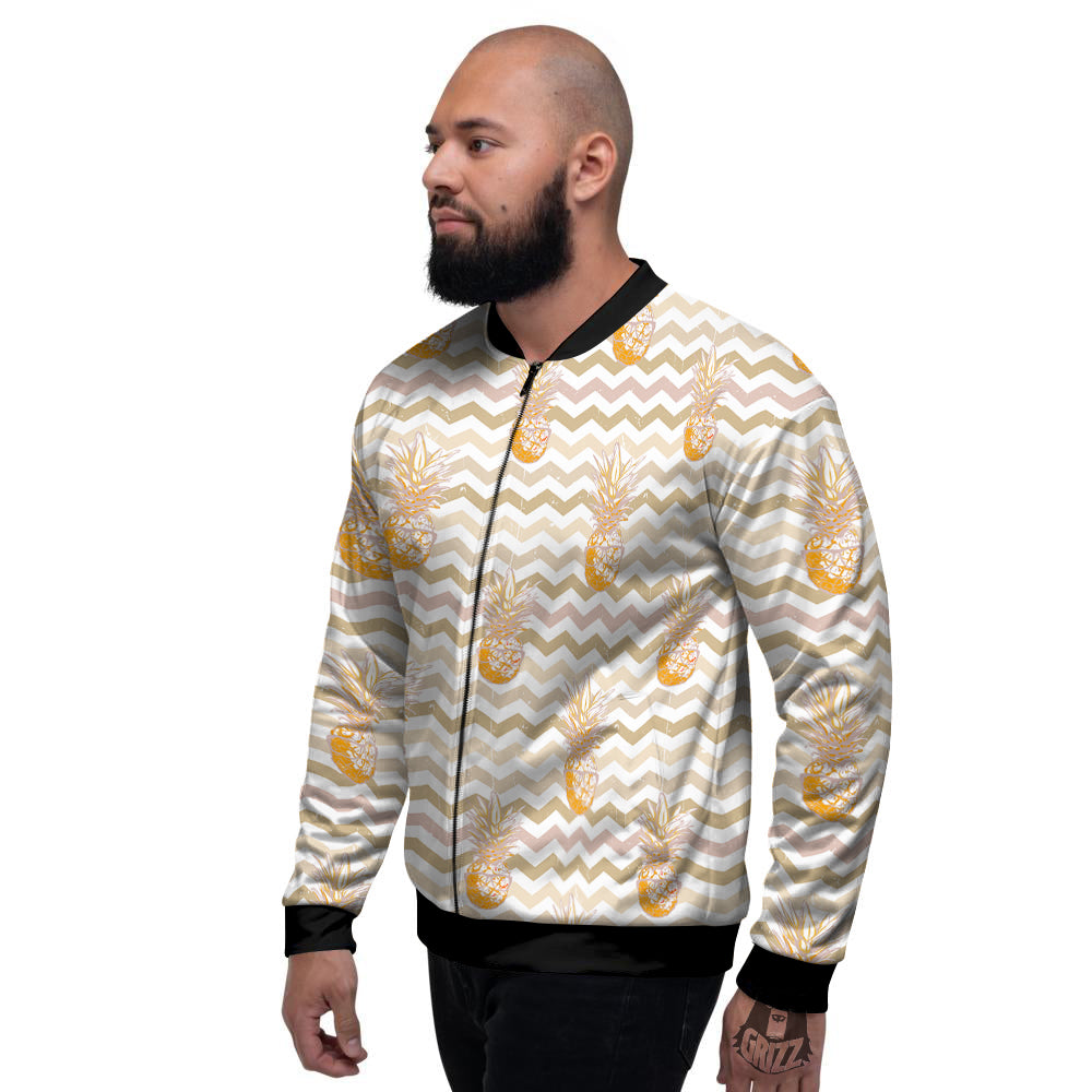 Pineapple Beige Zig Zag Print Pattern Men's Bomber Jacket-grizzshop