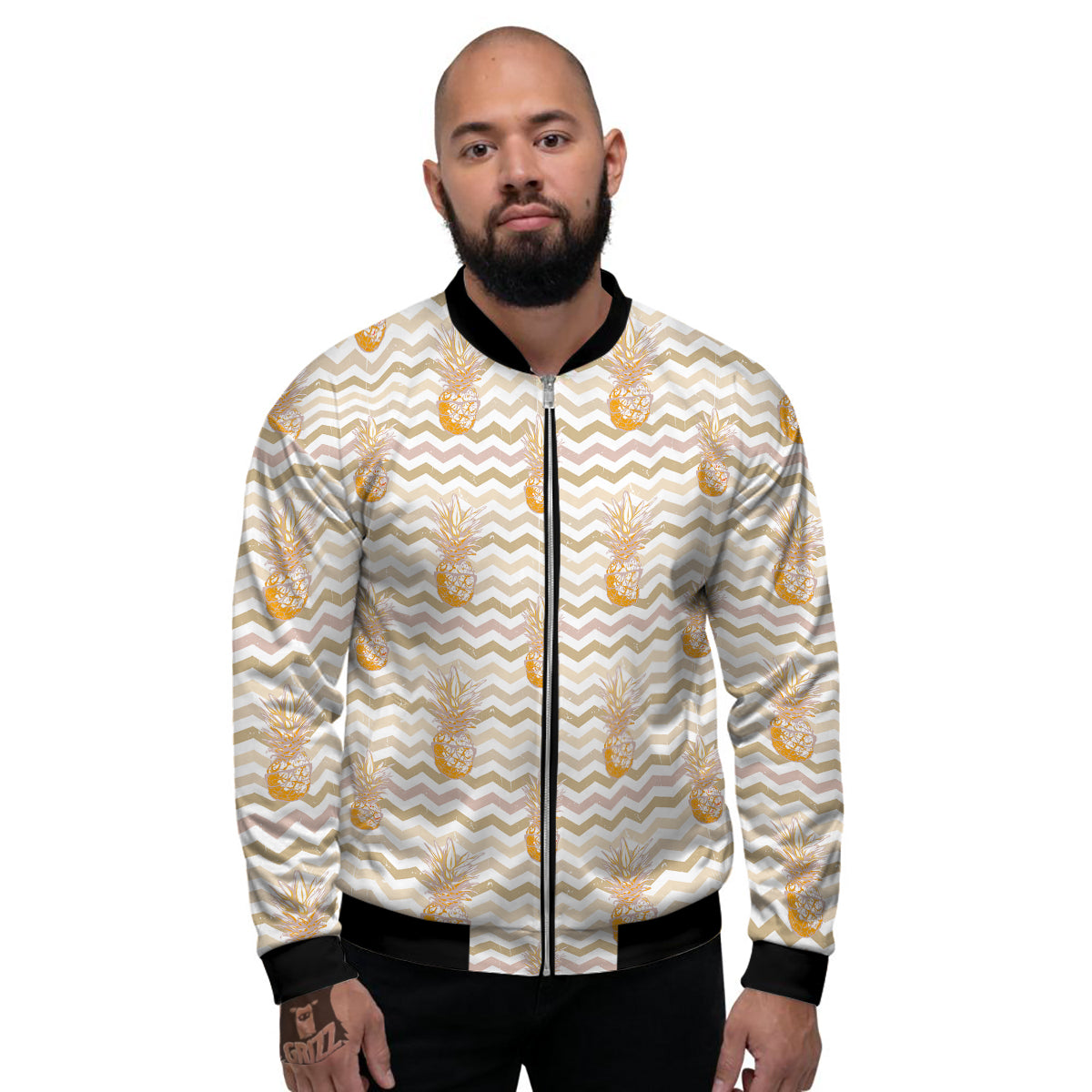 Pineapple Beige Zig Zag Print Pattern Men's Bomber Jacket-grizzshop