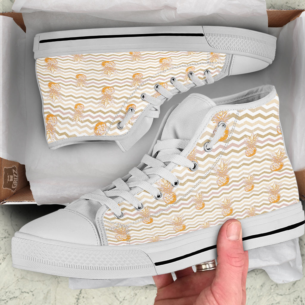 Pineapple Beige Zig Zag Print Pattern White High Top Shoes-grizzshop
