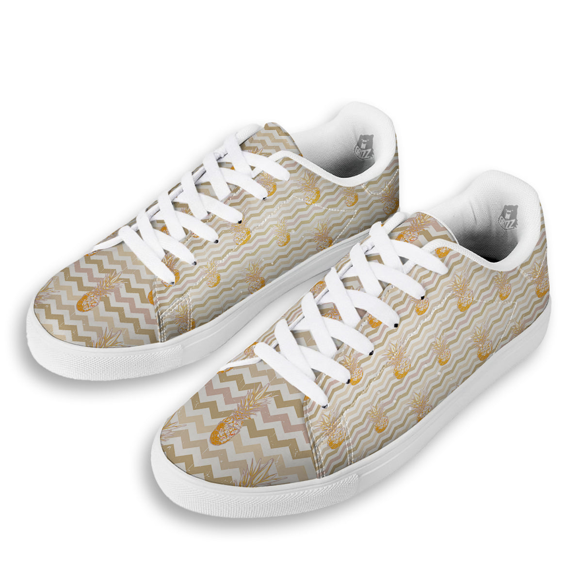 Pineapple Beige Zig Zag Print Pattern White Low Top Sneakers-grizzshop