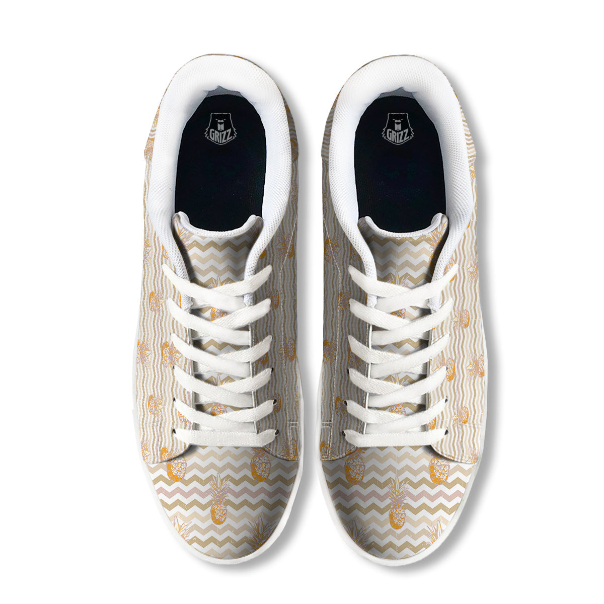 Pineapple Beige Zig Zag Print Pattern White Low Top Sneakers-grizzshop