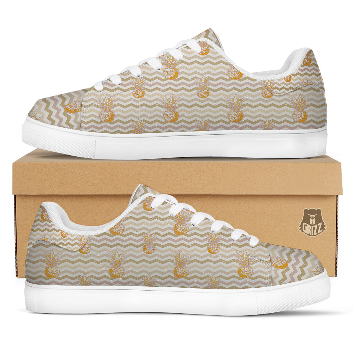 Pineapple Beige Zig Zag Print Pattern White Low Top Sneakers-grizzshop