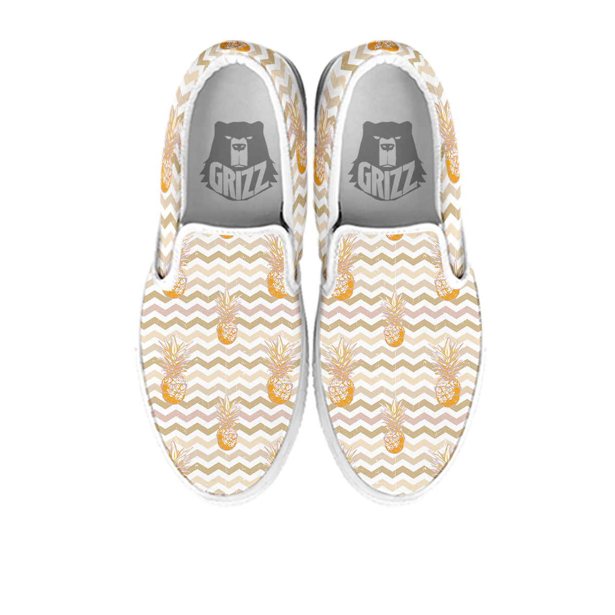 Pineapple Beige Zig Zag Print Pattern White Slip On Shoes-grizzshop
