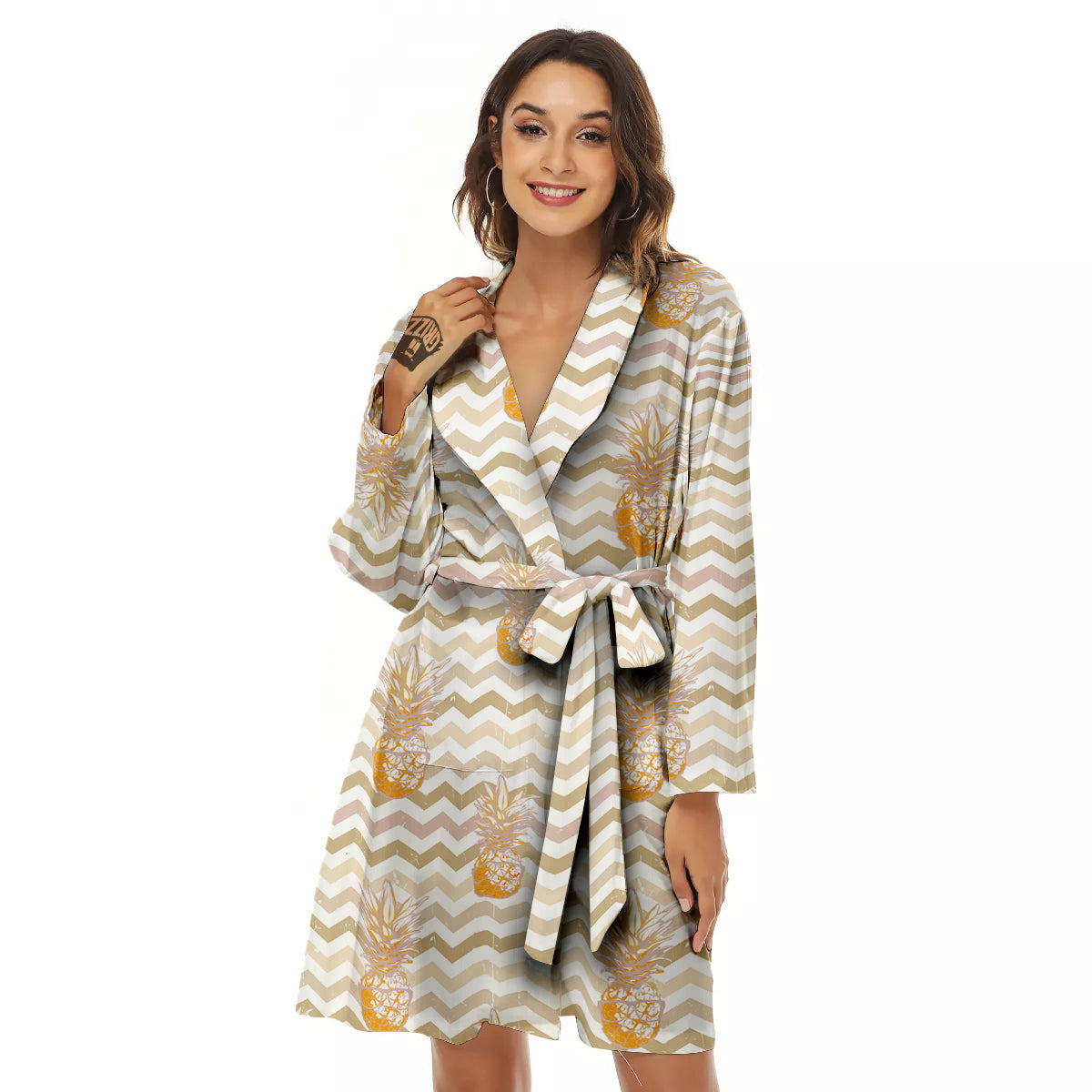 Pineapple Beige Zig Zag Print Pattern Women's Robe-grizzshop