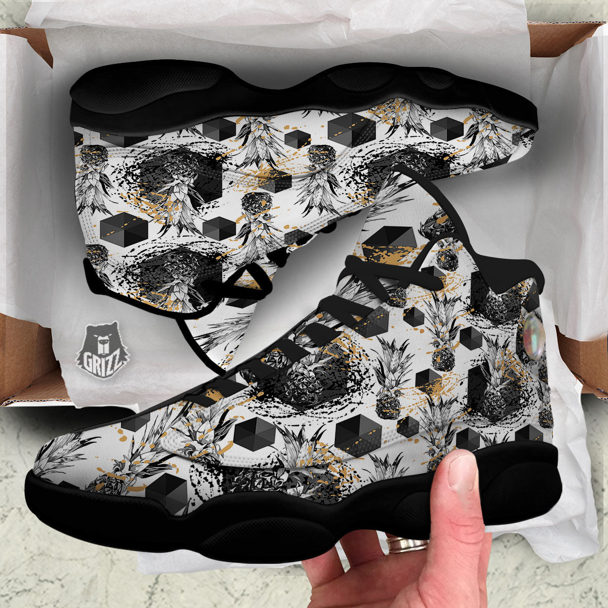 Pineapple Black Geometric Print Pattern Black Basketball Shoes-grizzshop