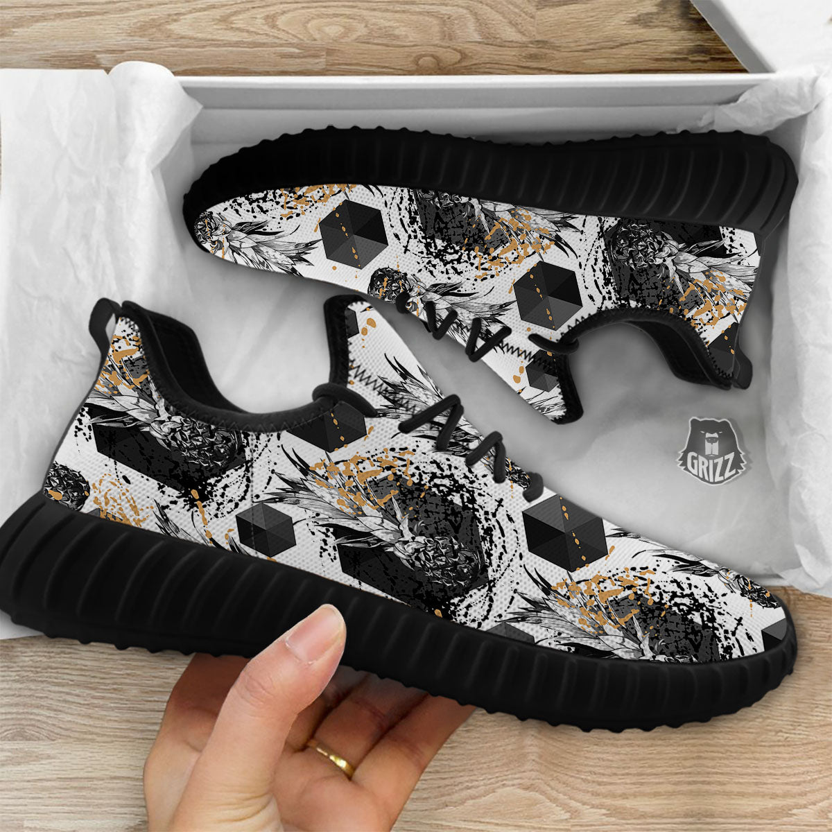 Pineapple Black Geometric Print Pattern Black Walking Shoes-grizzshop