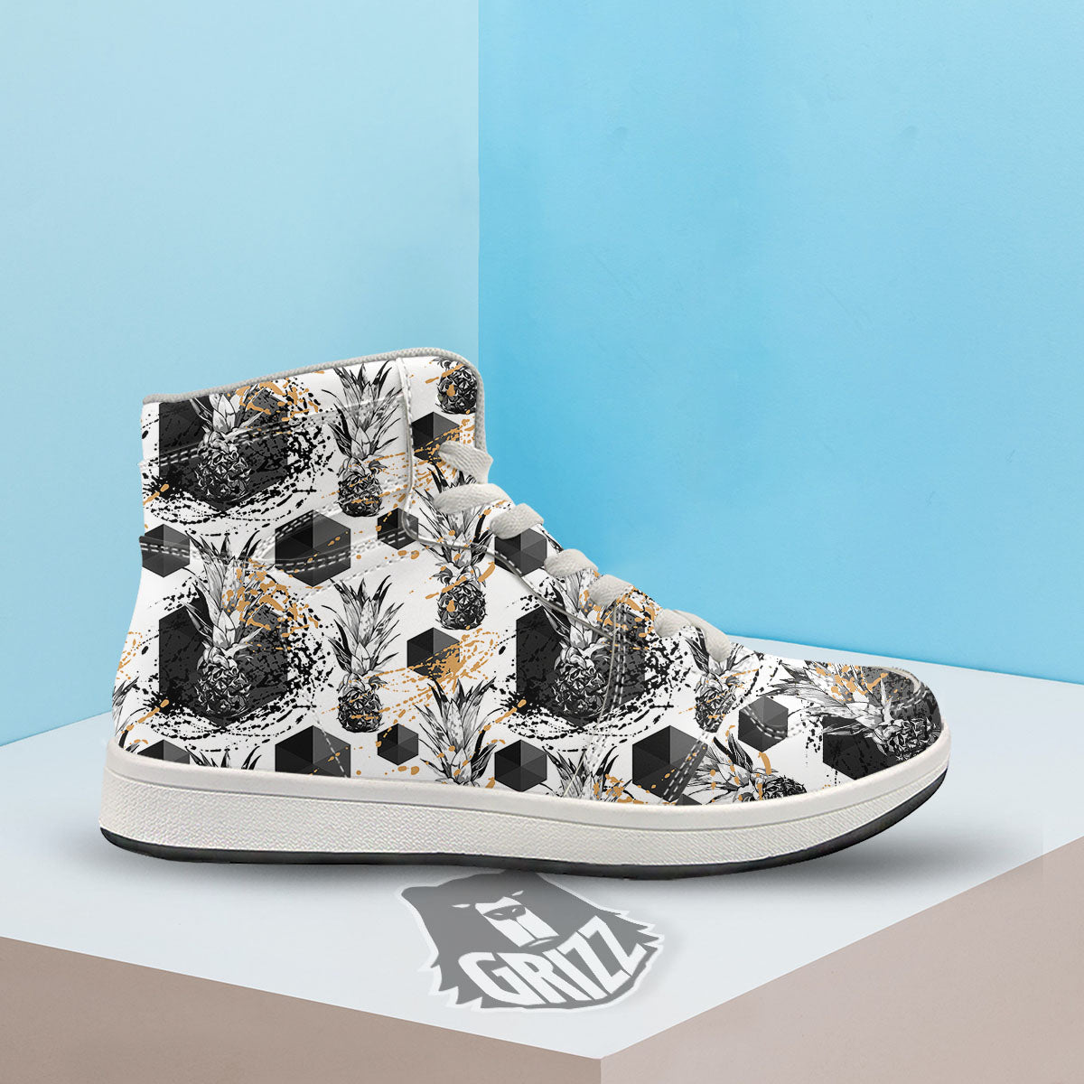 Pineapple Black Geometric Print Pattern High Top Sneakers-grizzshop