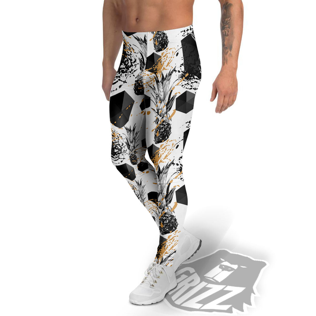 Pineapple Black Geometric Print Pattern Men's Leggings-grizzshop