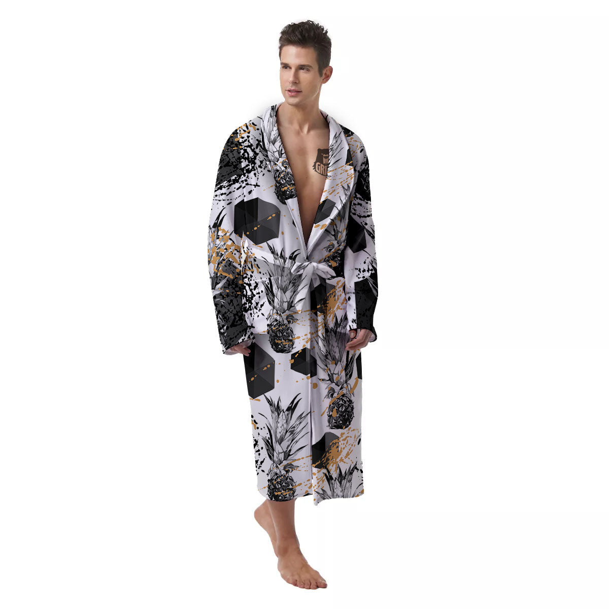 Pineapple Black Geometric Print Pattern Men's Robe-grizzshop