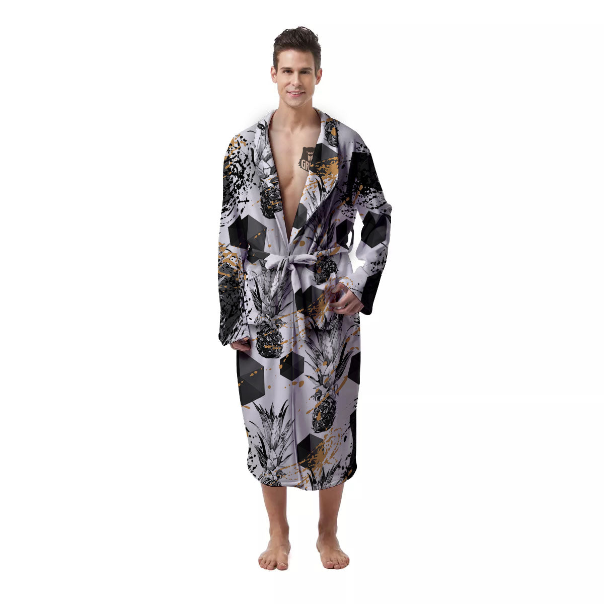 Pineapple Black Geometric Print Pattern Men's Robe-grizzshop