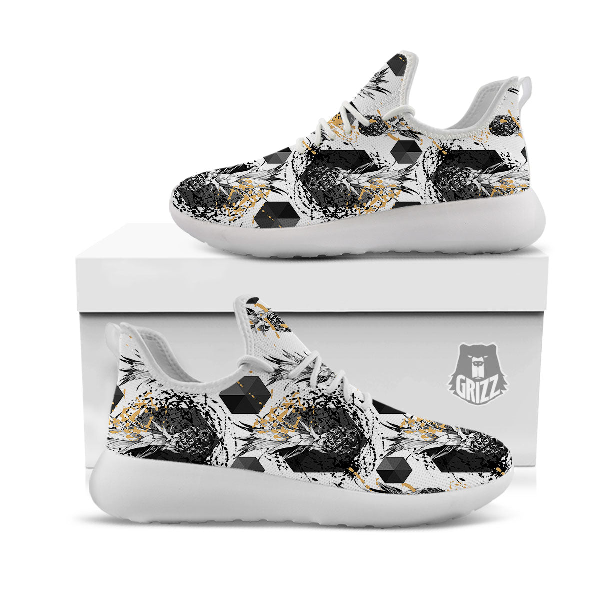 Pineapple Black Geometric Print Pattern White Athletic Shoes-grizzshop