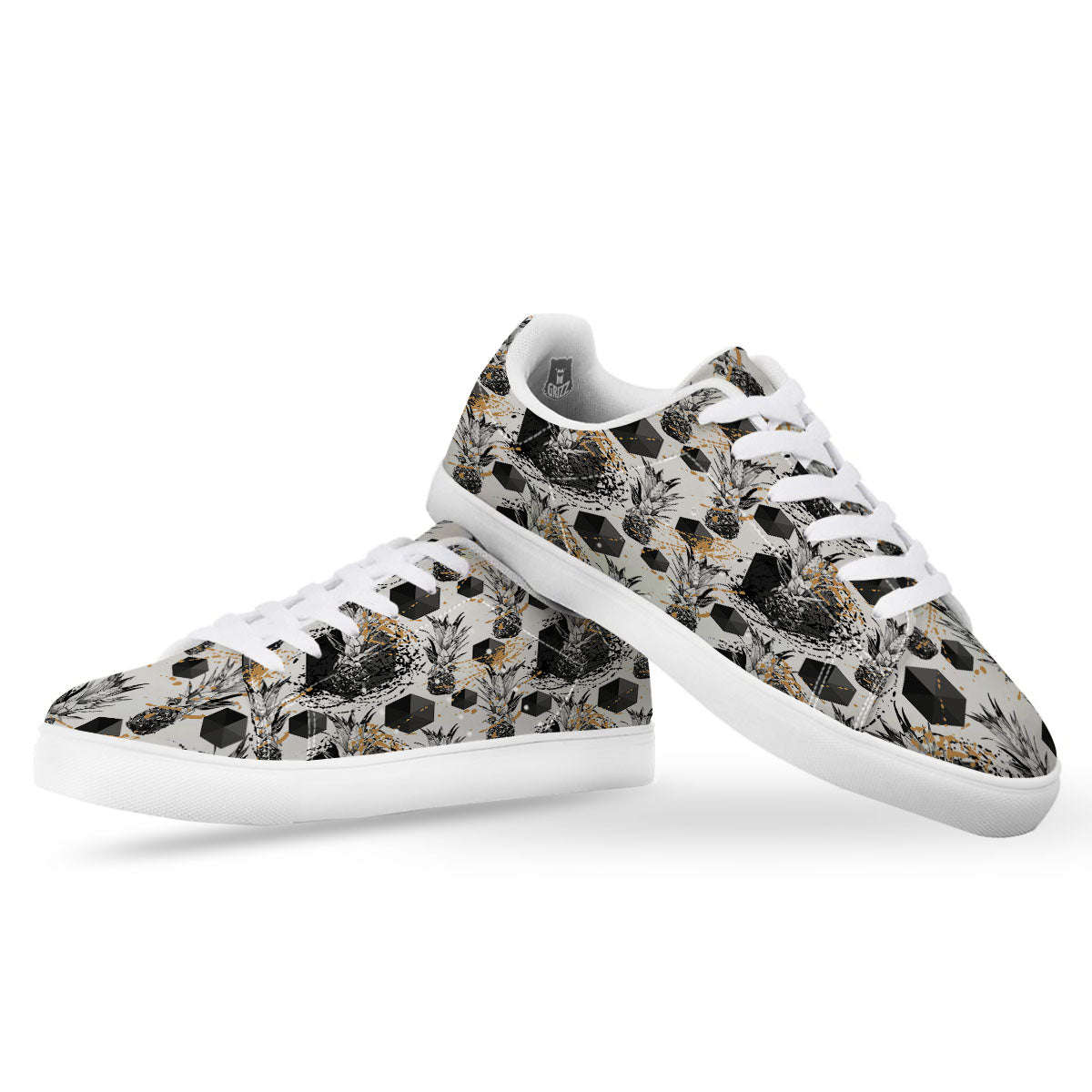 Pineapple Black Geometric Print Pattern White Low Top Sneakers-grizzshop