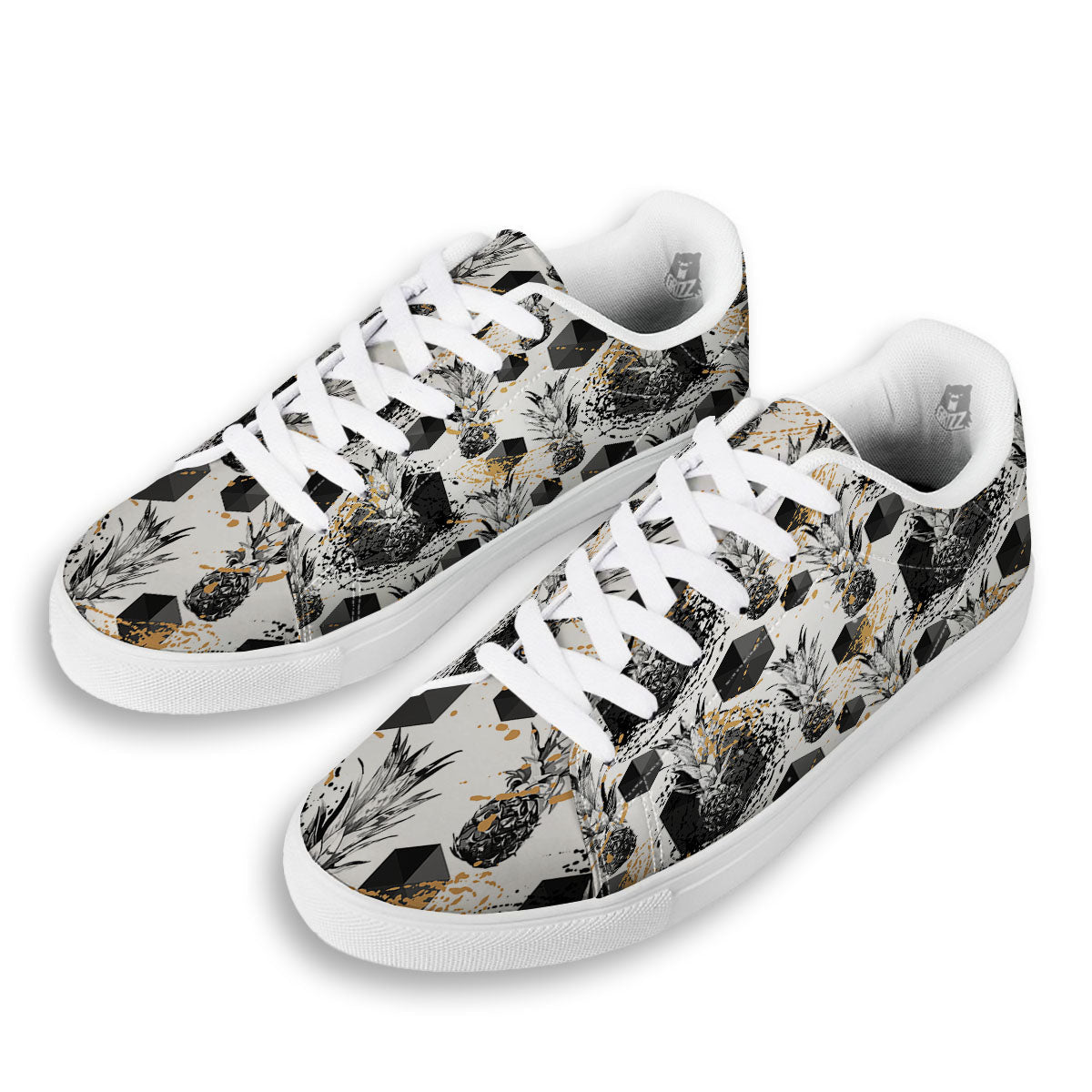 Pineapple Black Geometric Print Pattern White Low Top Sneakers-grizzshop