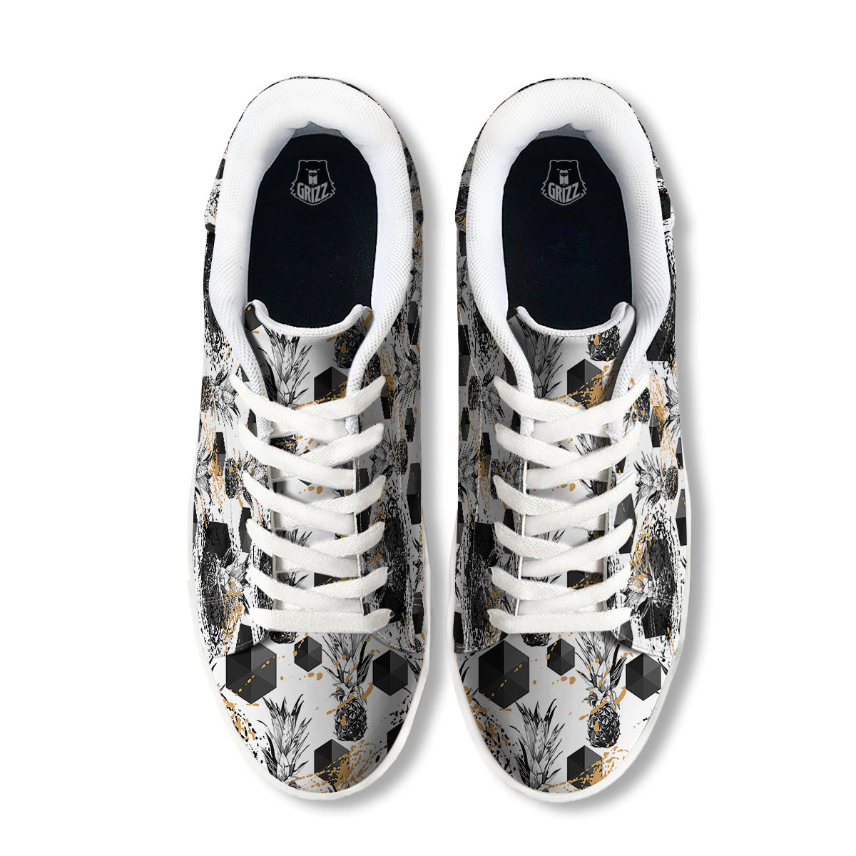 Pineapple Black Geometric Print Pattern White Low Top Sneakers-grizzshop