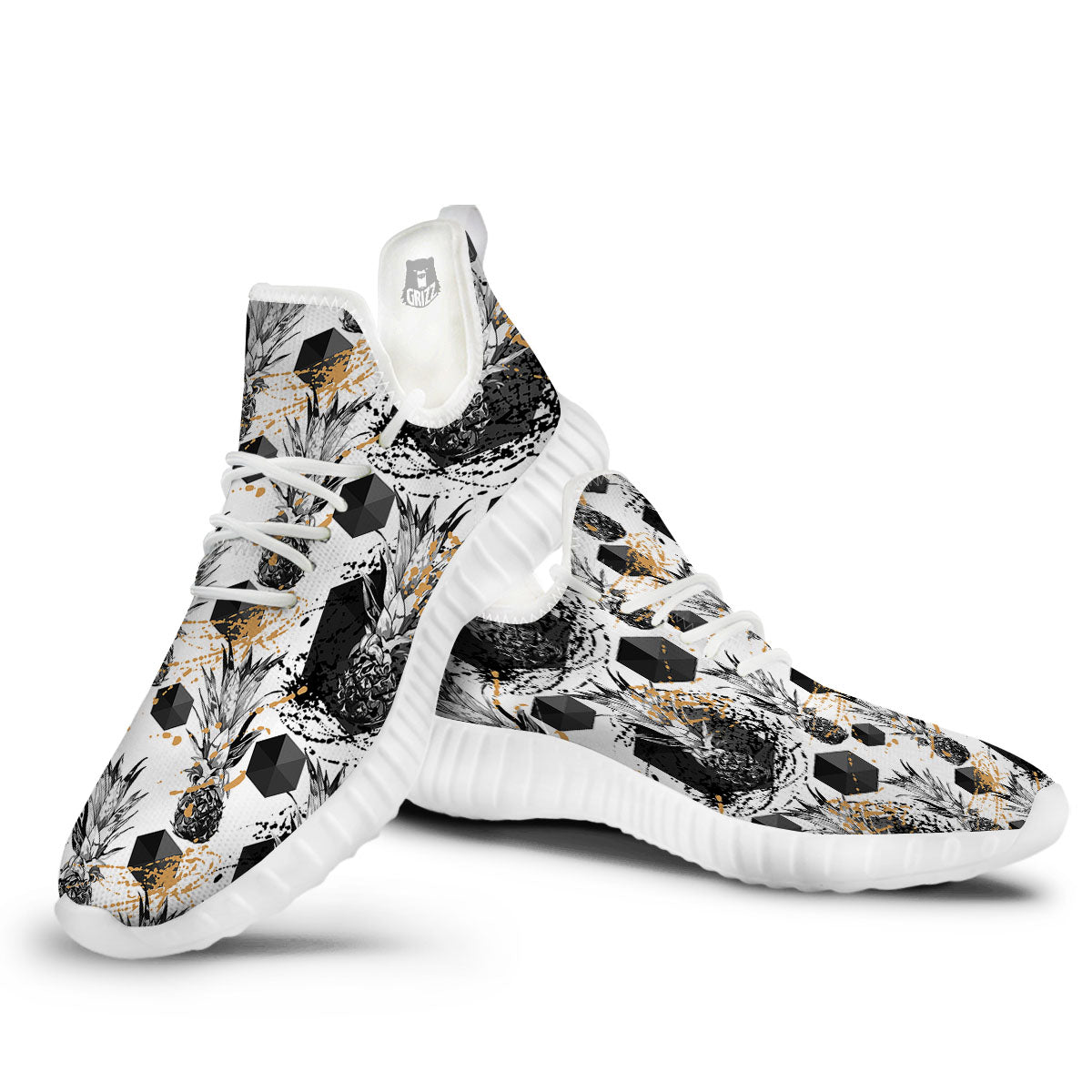 Pineapple Black Geometric Print Pattern White Walking Shoes-grizzshop