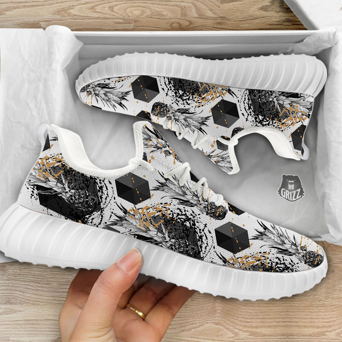 Pineapple Black Geometric Print Pattern White Walking Shoes-grizzshop