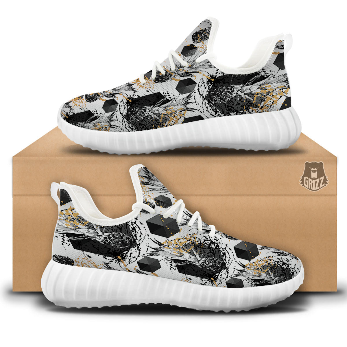 Pineapple Black Geometric Print Pattern White Walking Shoes-grizzshop